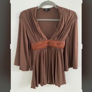 SKY V-Neck Boho Short Sleeve Cute Brown Top Y2K